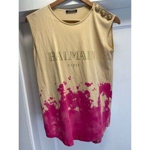 Balmain Paris Upcycled Tan and Pink Tie-Dyed Tank Top Gold Buttons Size 38